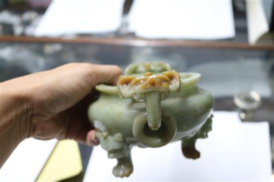 A Chinese jade tripod censer and cover